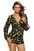 Lemon Print Dark Deep V Lace-up Long Sleeve Playsuit
